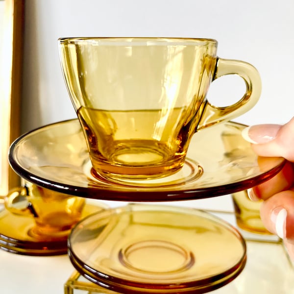 Amber Yellow Glass Espresso Set of 6 Cup & Saucers, Vintage Vitrosax Italy Bormioli MCM Retro 70s Italian Espresso Cups, Coffee Lover Gift