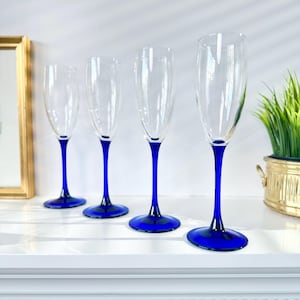 Vintage Luminarc Champagne Flutes - French Blue Stem Barware, Set of 4