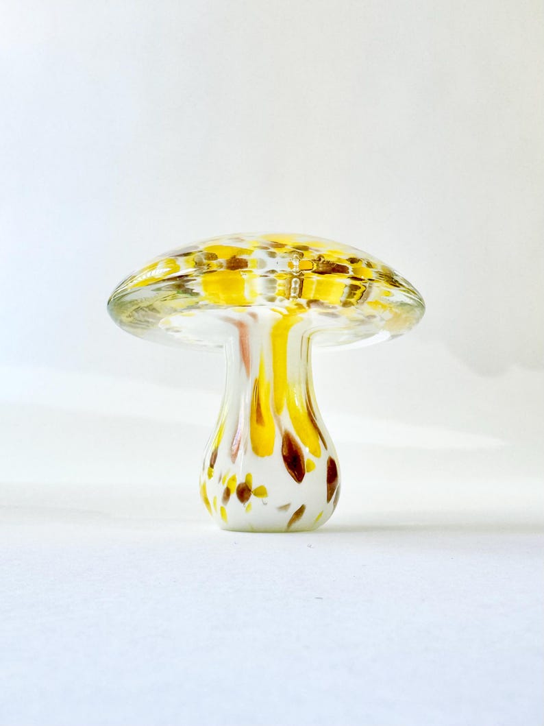 Handblown Glass Mushroom, Yellow Brown Gold Retro Mushroom Decor, 70s