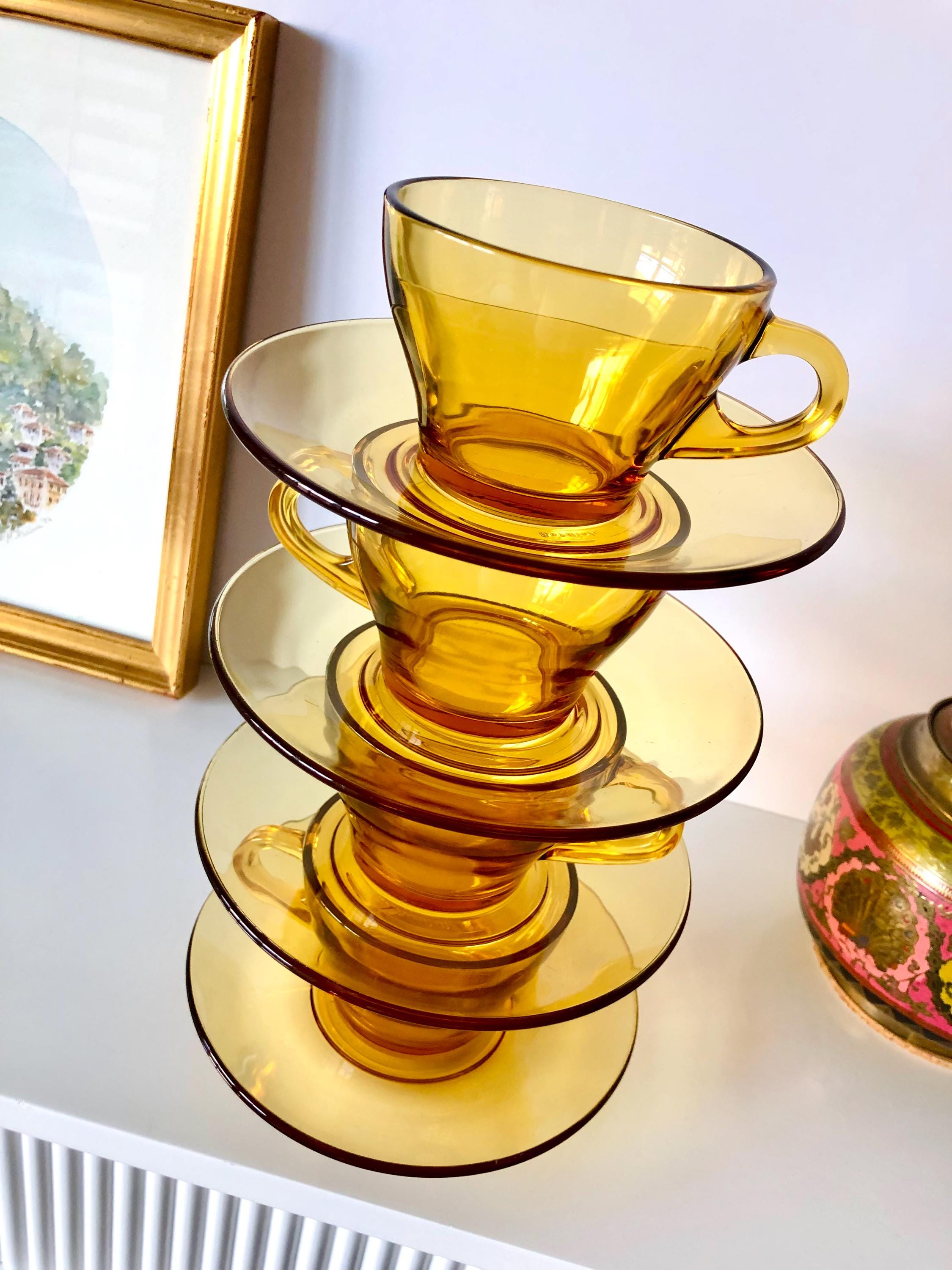 Vintage Amber Glass Cup & Saucer Set: Mid Century Vitrosax Italy