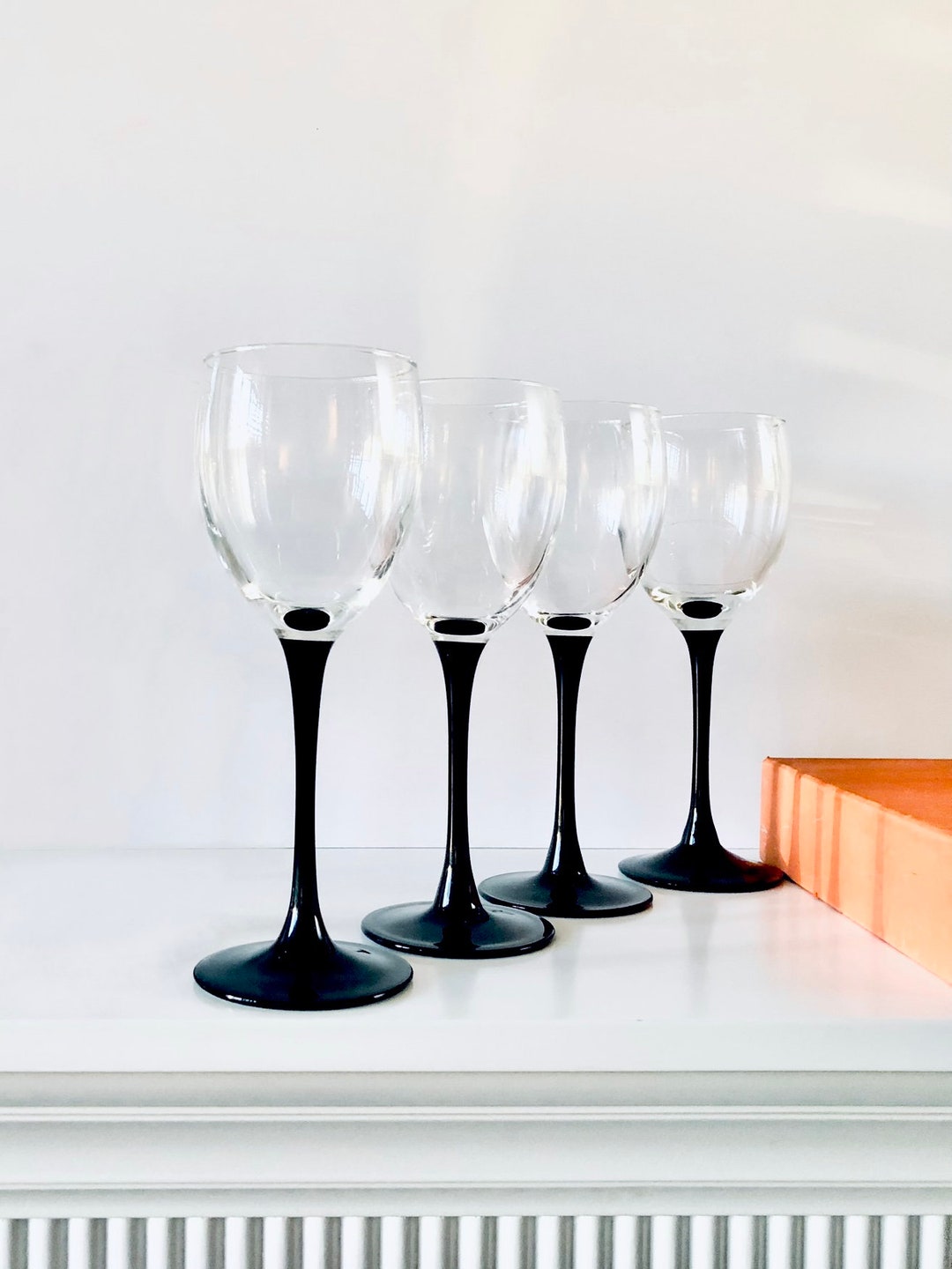 Vintage 8oz Black Stem Luminarc Wine Glasses, Set of Four, Stemware