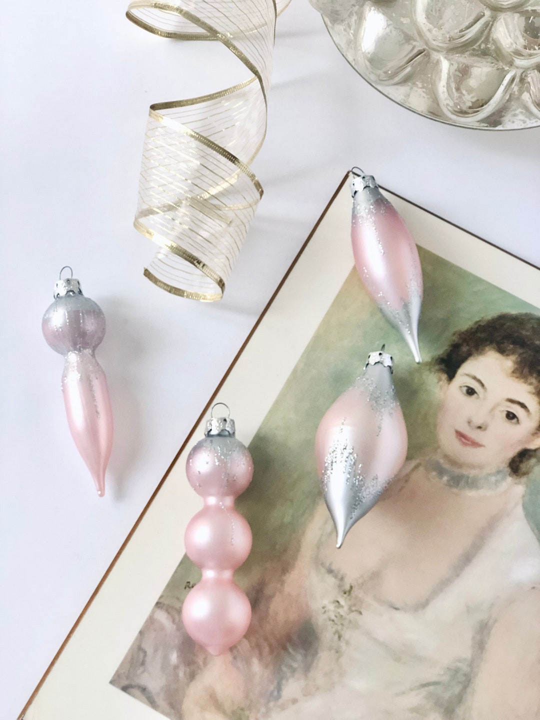 Vintage Pink Christmas Tree Ornaments, Retro Tree Decorations, Pink and