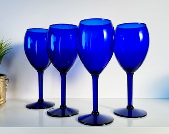 Vintage Pier 1 Cobalt Blue Wine Glasses Set of Four and Set of Two Wine Goblets, Classic 1990’s Deep Blue Wedding Glassware Set