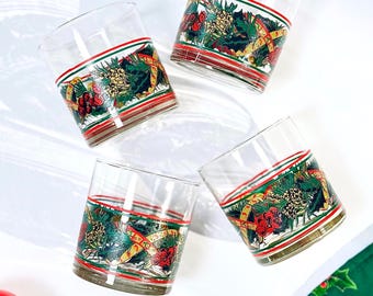 Vintage Weihnachten Lowball Gläser, 80er Jahre Retro Holiday Barware 4er Set, Pine & Ribbon