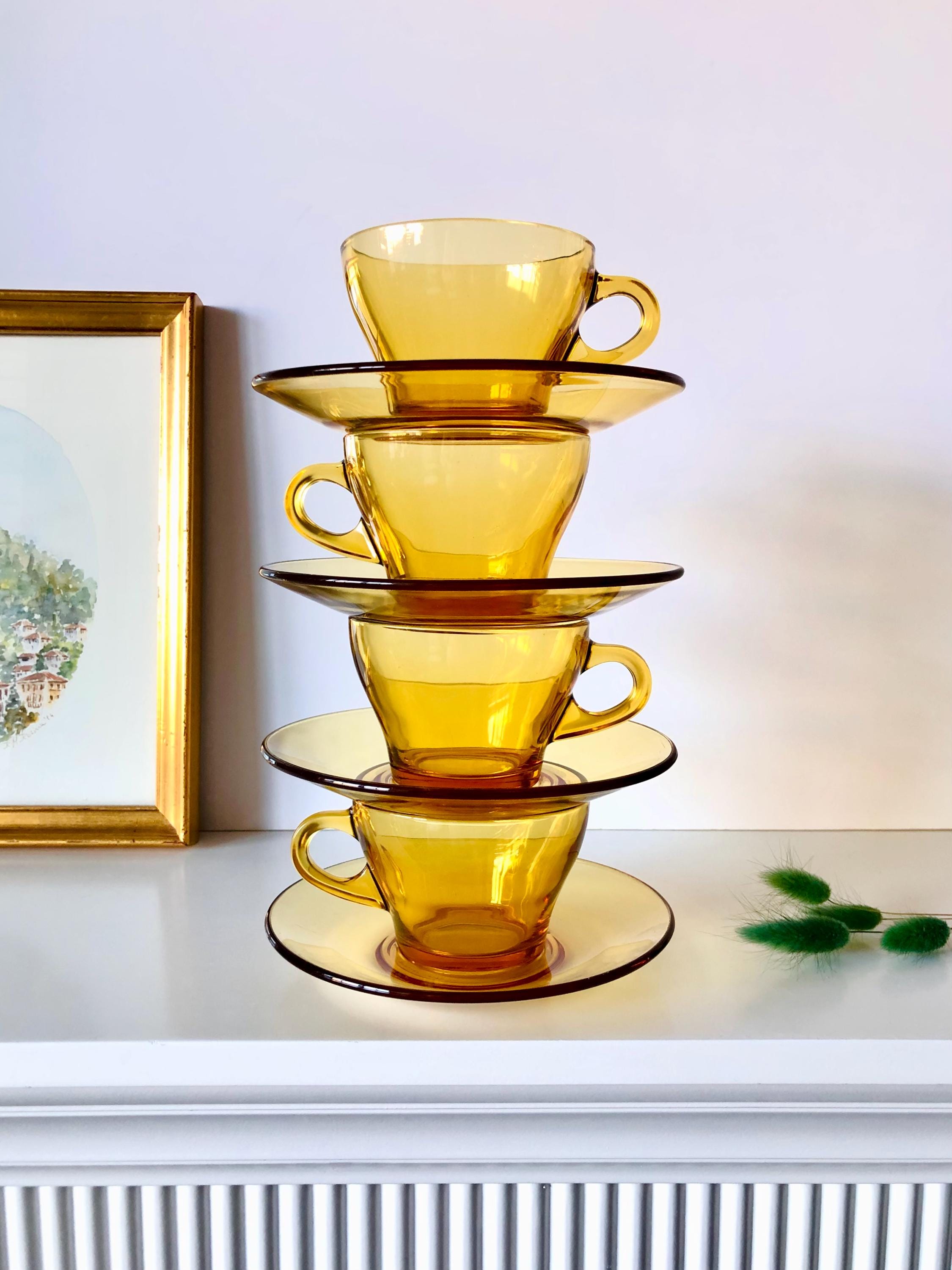 Vintage Amber Glass Cup & Saucer Set: Mid Century Vitrosax Italy