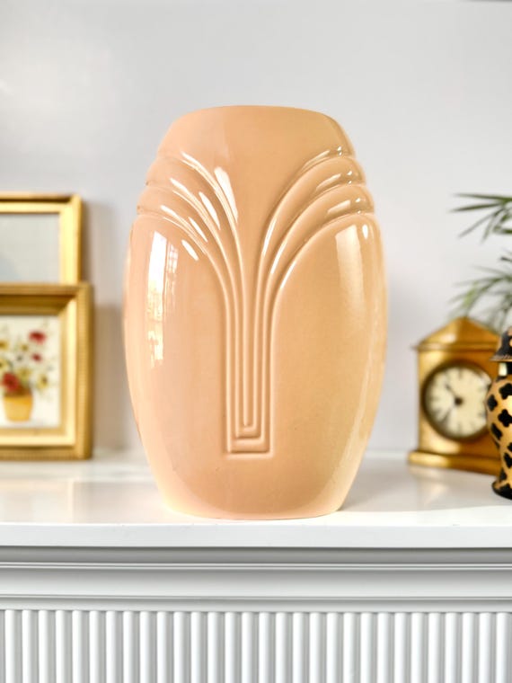 Vintage 80s Peach Ceramic Vase: Tall Retro Pottery, Deco Revival Style