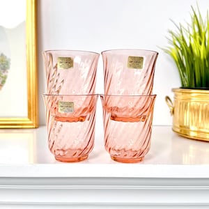 Vasos franceses vintage Rosaline de color rosa, juego de 4 vasos Luminarc con espiral, artículos de bar retro de los años 60