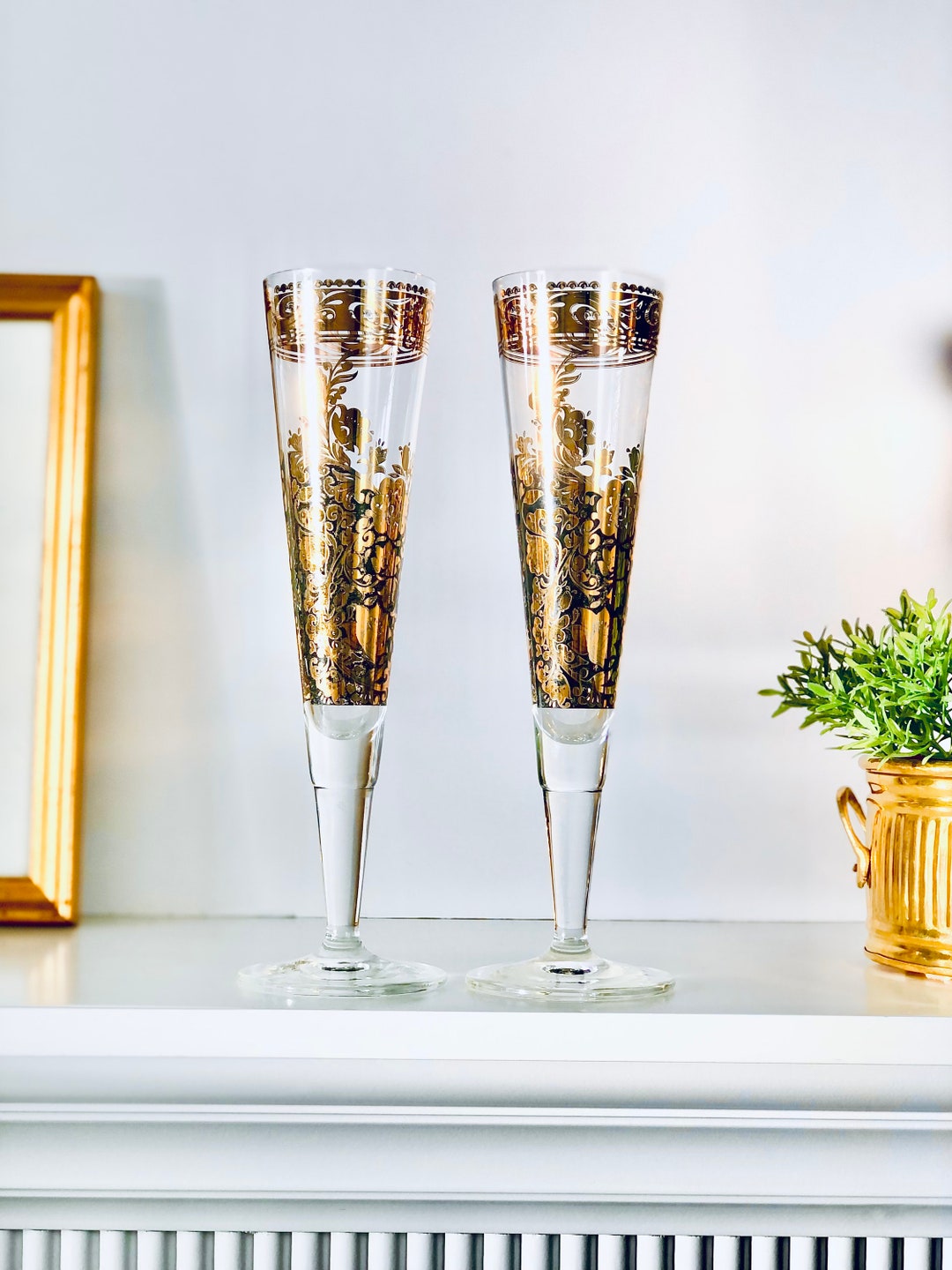 PAIR Ritzenhoff Champagne Glasses Black and Gold Ornate Pattern Elegant Wedding Stemware