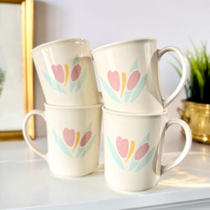 Vintage Corning Tulip Mugs - 80s Pink Floral Coffee Cups - Set of 4