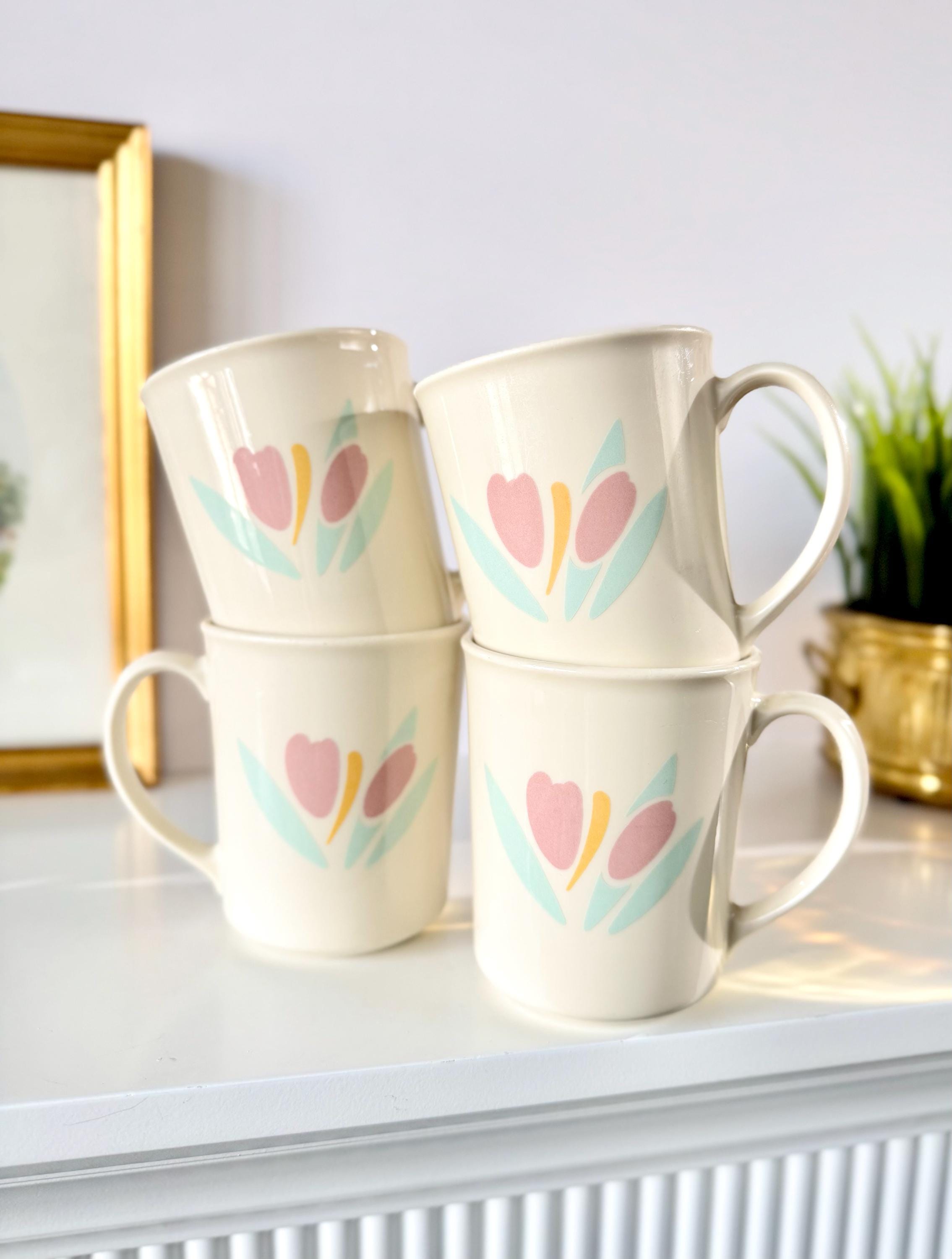 Vintage Corning Tulip Mugs - 80s Pink Floral Coffee Cups - Set of