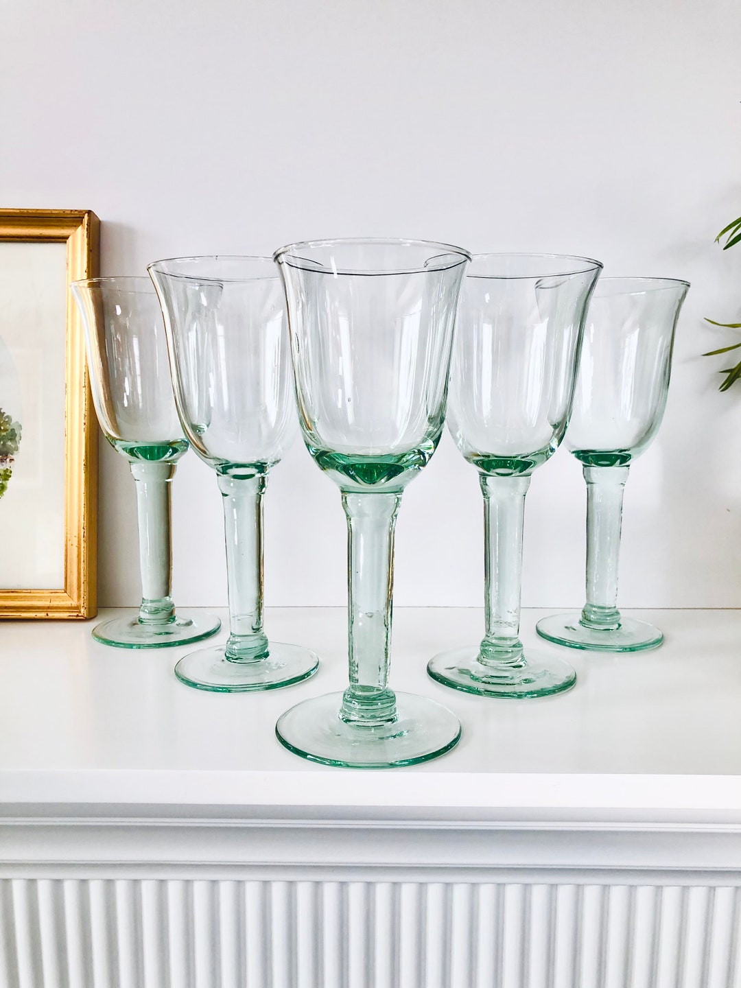 Vintage Green Glass Wine Goblets Five Retro 80s Hand Blown Etsy
