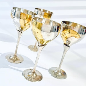 Vintage Silver Metal & Brass Wine Goblets, Set of 4 Metal Wine Glasses Retro 70s Chalice Goblets Barware Set, Made in India, Ren Faire