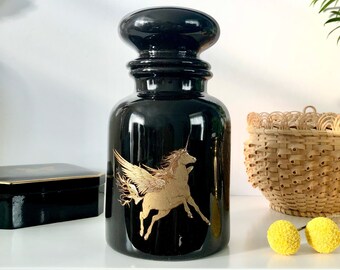 Vintage Black Unicorn Jar, 80s Apothecary Jar with Cork Sealed Lid, Golden Unicorn Pegasus Ceramic Canister Storage Stash Jar, Bubble lid