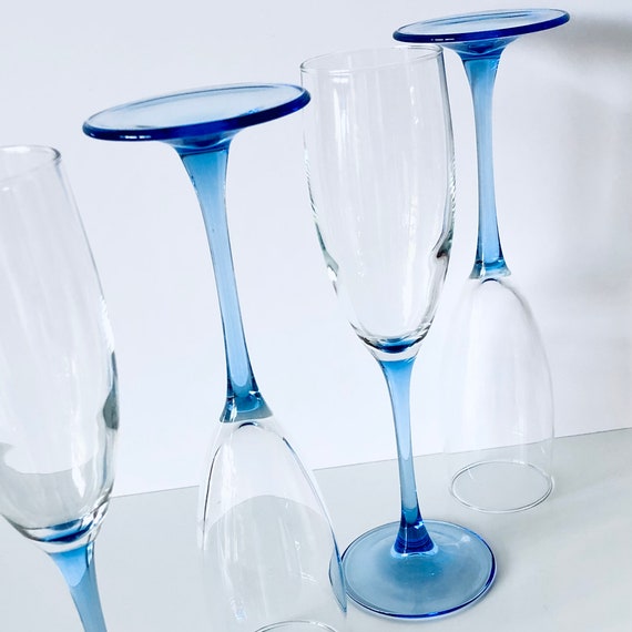 Assorted Vintage Blue Stemmed French Wine Glasses Assorted Vintage Blue Stemmed French Wine Glasses