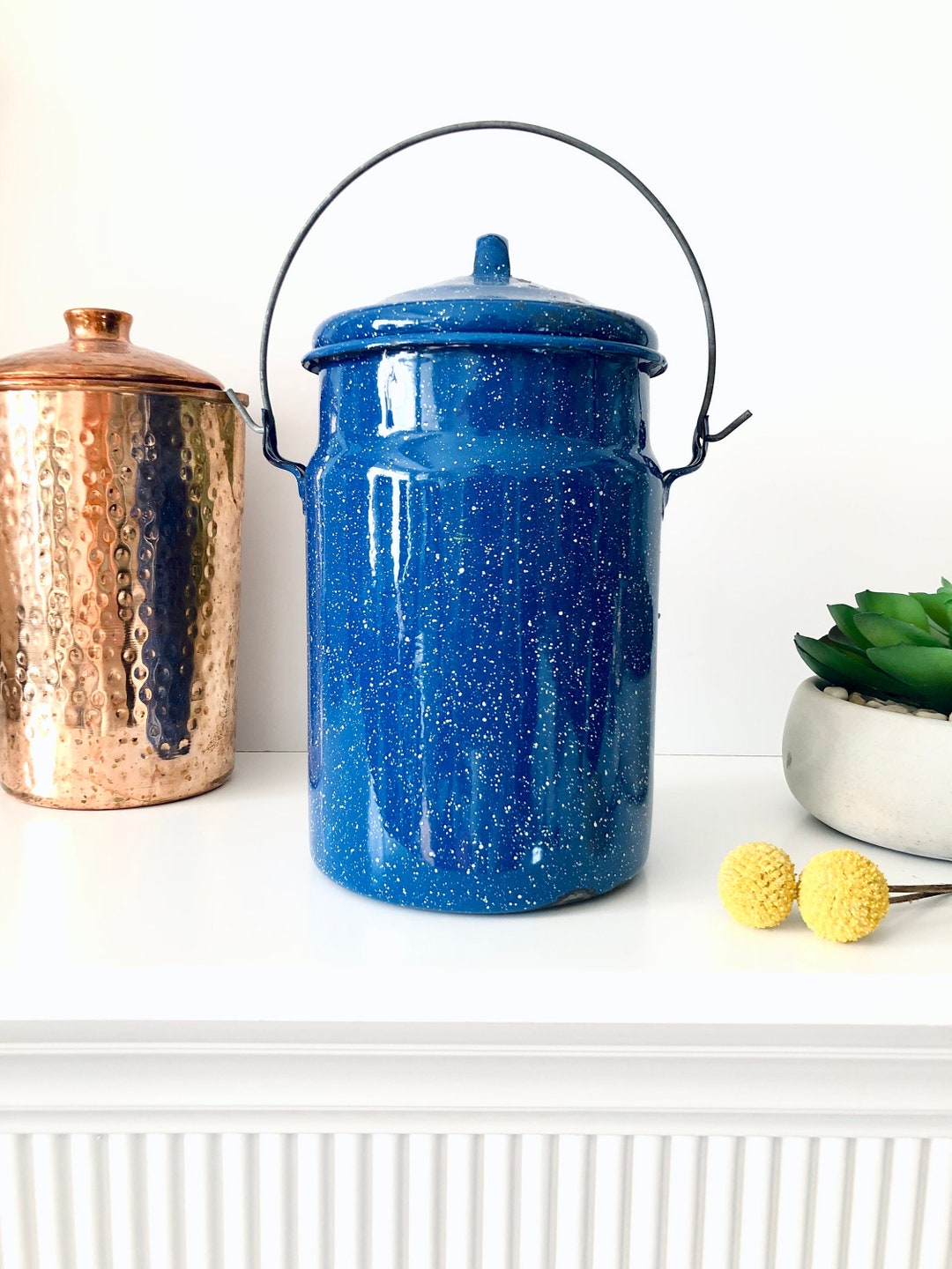 Vintage Blue Enamelware Bucket With Lid and Handle Milk Can Etsy