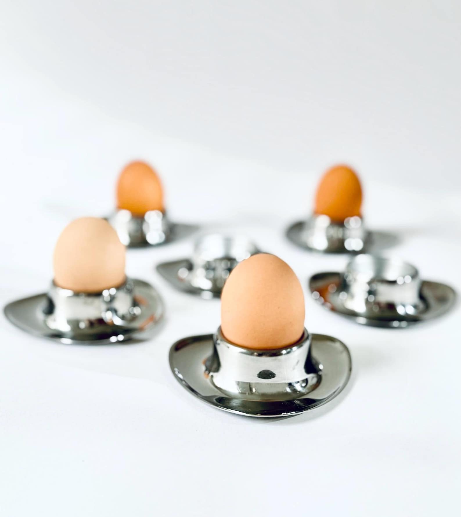 Vintage 70s Egg Cups Germany, Stainless Steel Stackable Rounded Triangle MCM Retro Breakfast Set, Easter Basket Gift Set