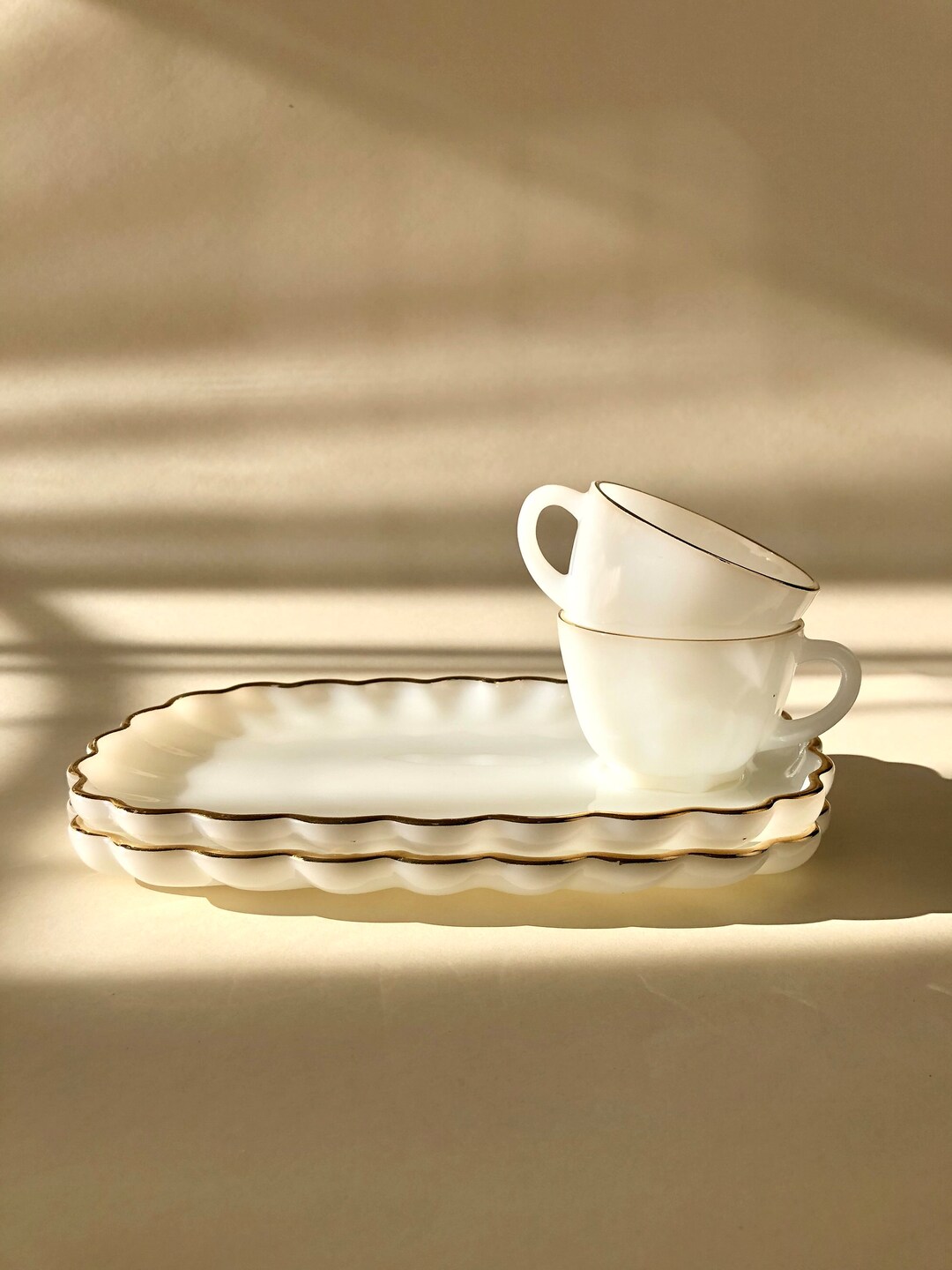 Vintage Gold & White Snack Plate Cup Sets, White Milk Glass Snack Tray