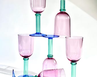 RARE PrecisionCraft Acrylic Wine Glass Cups Sets, Vintage 90s Memphis Postmodern Plastic Stemware