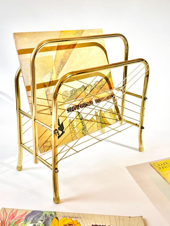Vintage 80s Brass Record Rack Hollywood Regency Gold Magazine