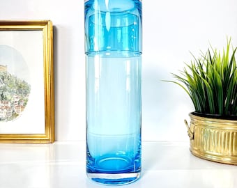 Bedside Water Carafe & Glass Set, Aqua Blue Decanter: Vintage 90s Barware, Modern Cylinder