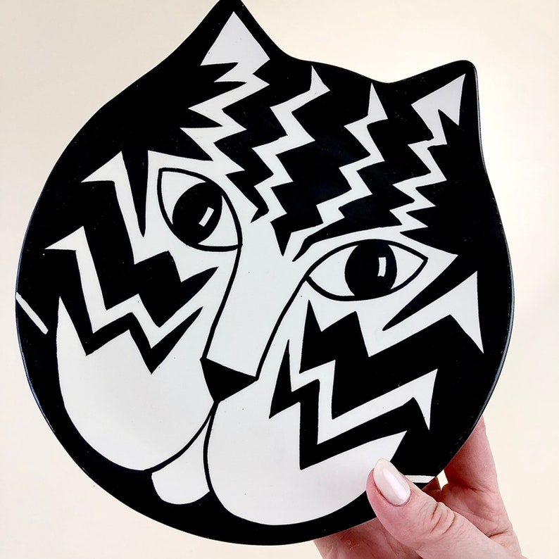 Cat Plate Trinket Dish Halloween Decor Vintage Cat Face Black & White