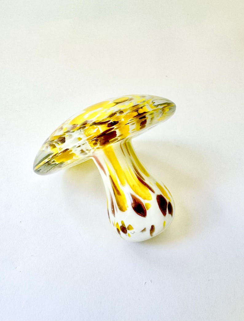 Handblown Glass Mushroom, Yellow Brown Gold Retro Mushroom Decor, 70s