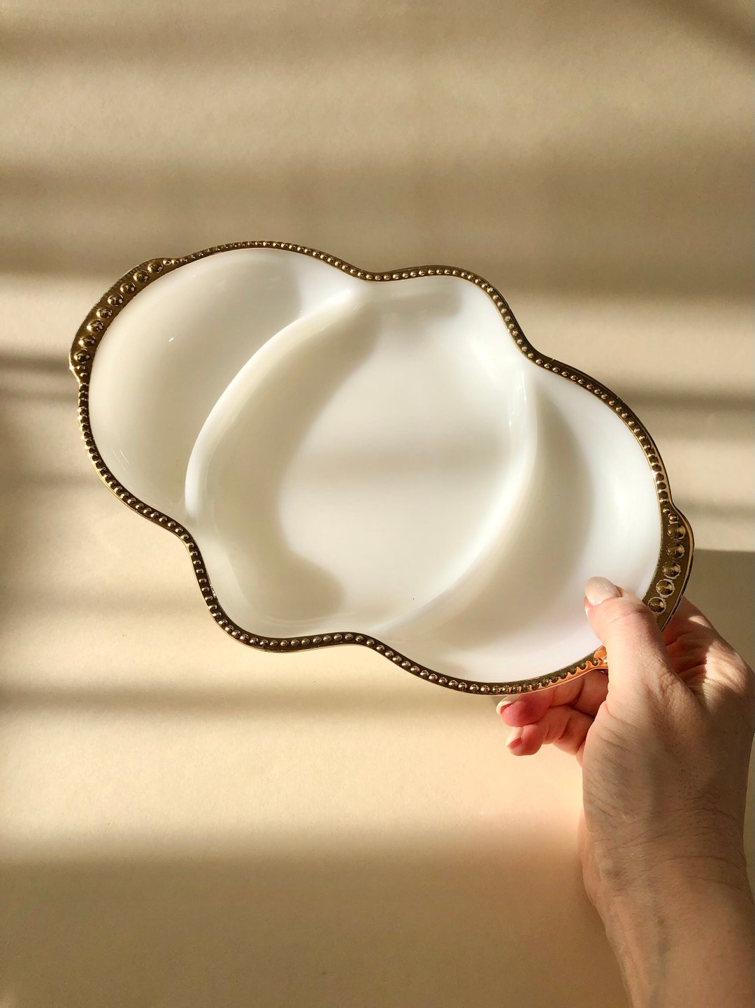 Vintage Milk Glass Serving Tray, Divided Trinket Dish Gold & White, 22K