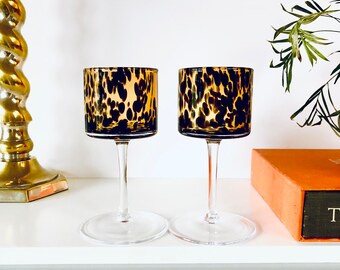 Pair Tortoise Shell Cocktail Glasses Set of 2 Liqueurs Aperitif Glasses Artisanal Amber Leopard Glass, Vintage 90’s Art Glass Hand Blown