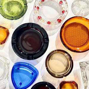 Vintage 70s Mixed Glass Ashtrays, Assorted Retro Chunky Round Square Yellow Cobalt Green Amber Glass Ashtrays Glass Decor Trinket Dishes