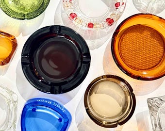 Vintage 70s Mixed Glass Ashtrays, Assorted Retro Chunky Round Square Yellow Cobalt Green Amber Glass Ashtrays Glass Decor Trinket Dishes