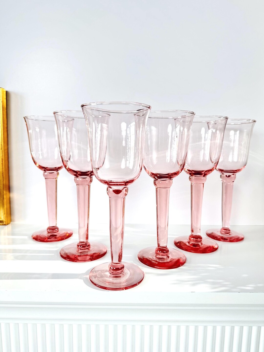 Vintage Pink Wine Glasses Set of 6 Hand Blown Pastel Stemware - Etsy