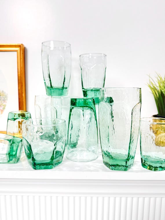 Vintage Libbey Chivalry Glasses: Textured Green Glass Tumblers, Lowballs,  Juice, 70s Boho Glassware