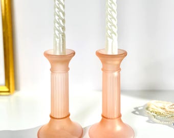 Vintage Blush Glass Candle Holders Pair of Frosted Peach Glass Column Candlesticks