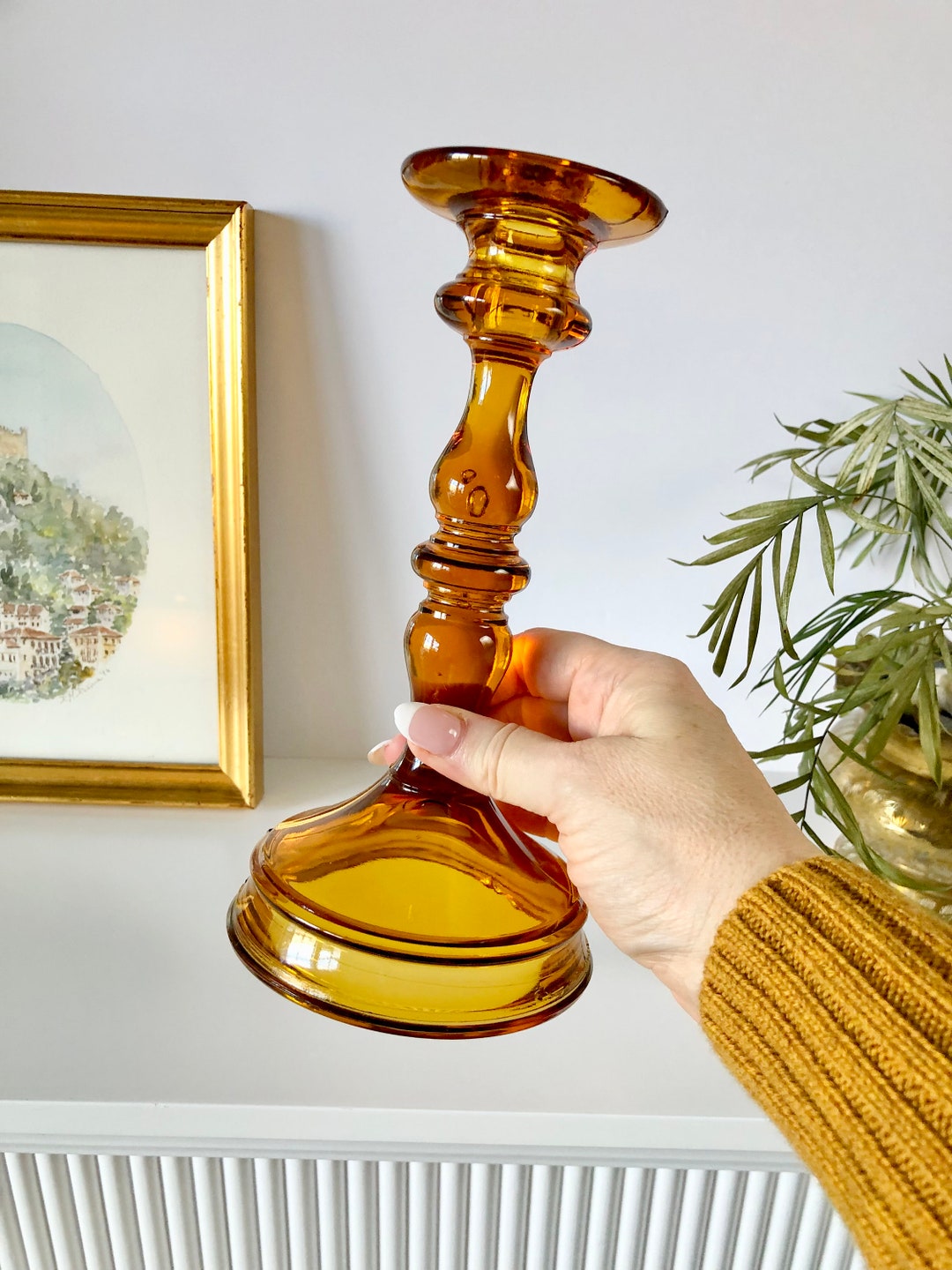 Tall Vintage Amber Glass Candle Holder, Orange Yellow Glass Candle