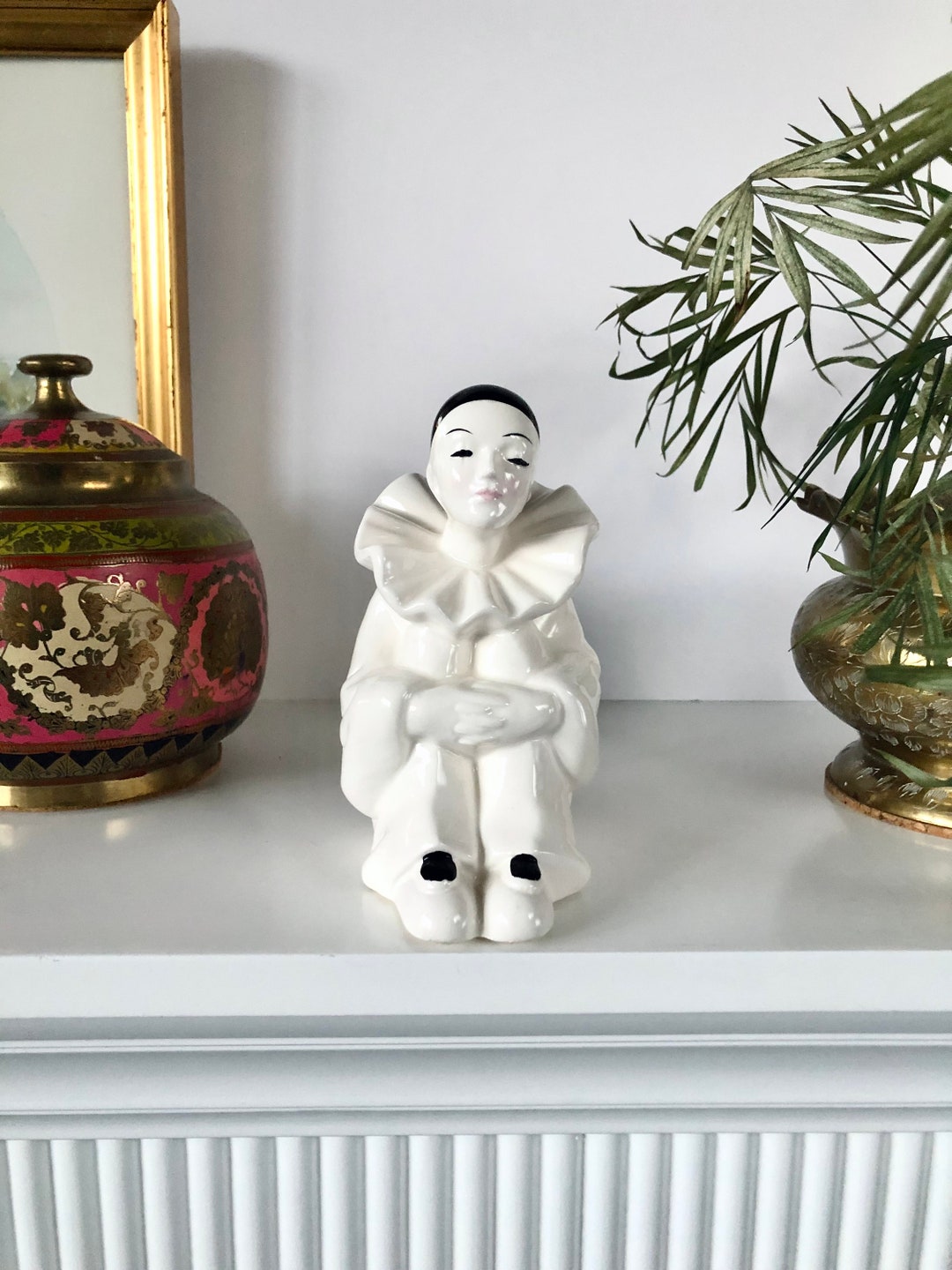 Retro 80s Pierrot Clown Ceramic Seated Black & White Harlequin Ruffled ...