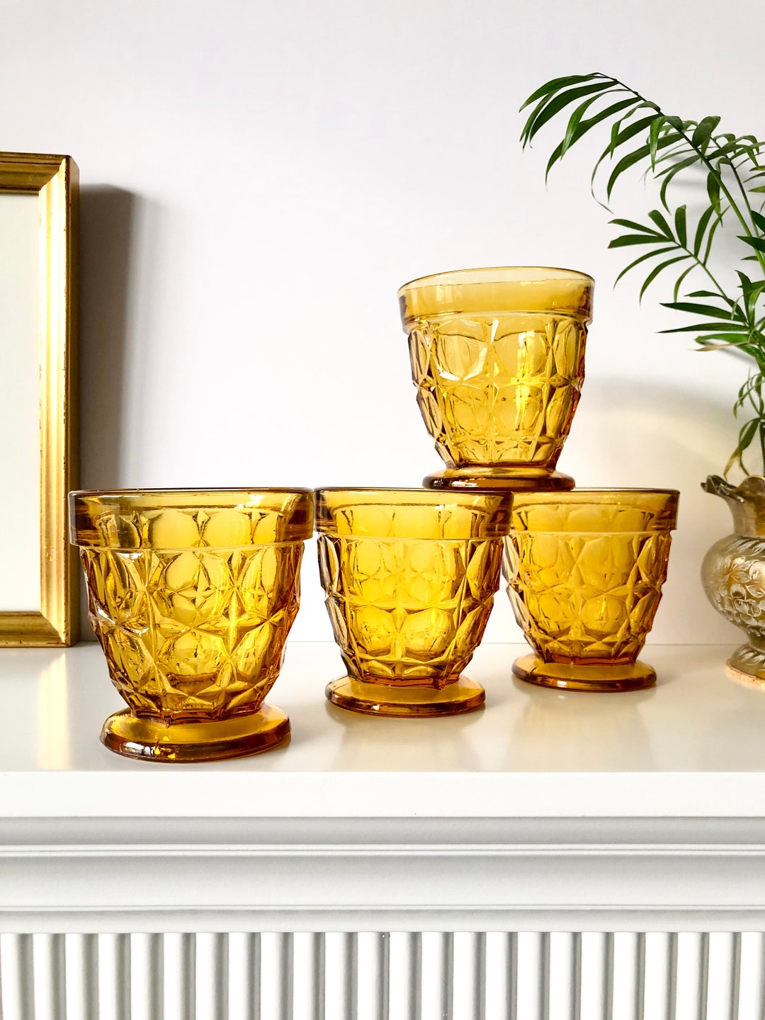 Vintage Amber Glasses Set of 4 MCM Retro Glassware Set Amber Etsy