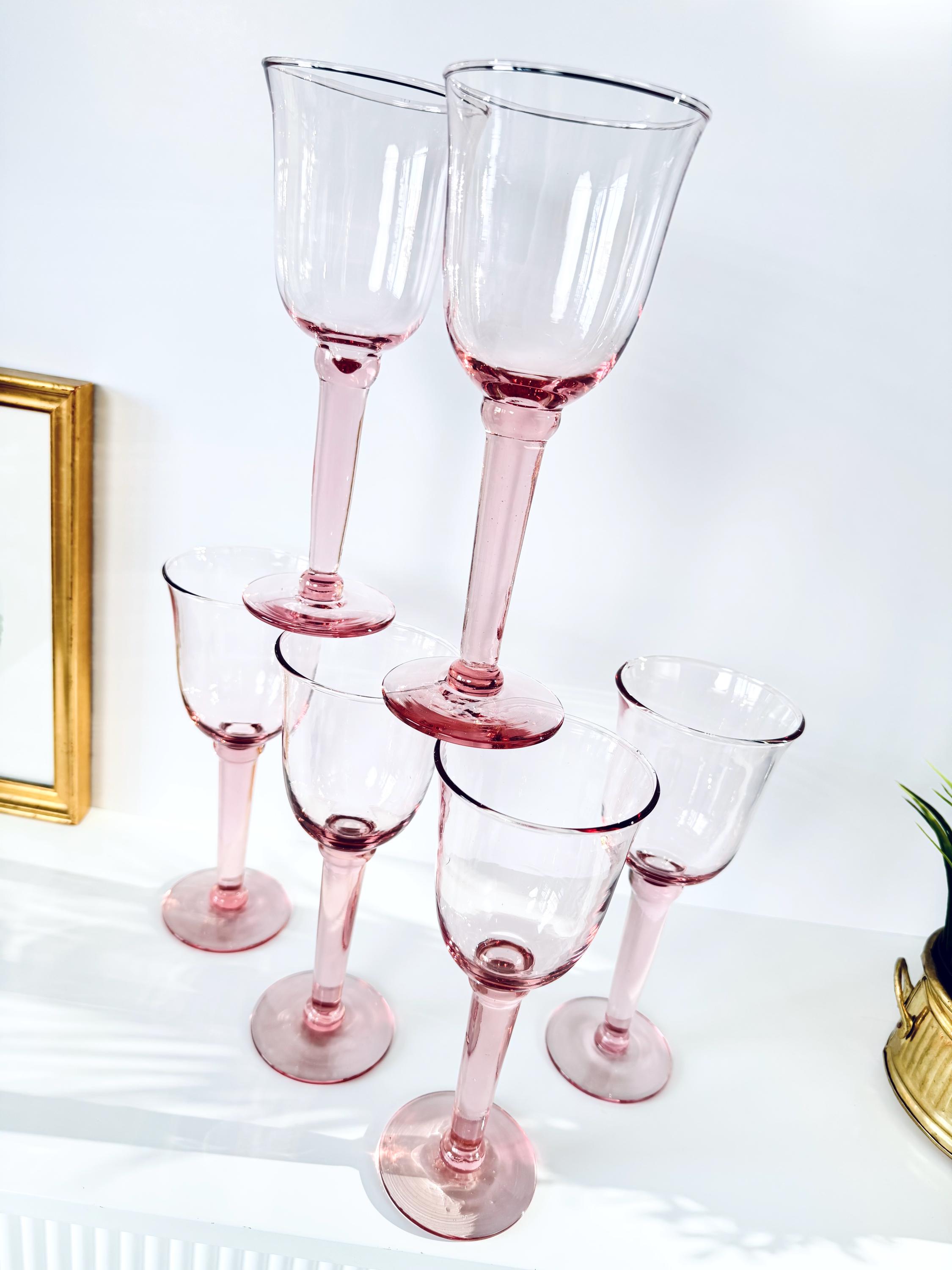 Vintage Pink Wine Glasses Set of 6 Hand Blown Pastel Stemware - Etsy
