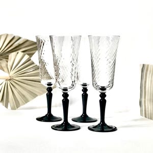 Vintage France Champagne Flutes Luminarc, Optic Swirl Black Stem Wine Champagne Glasses Set of 4, Wedding Gift Glassware Housewarming Gift