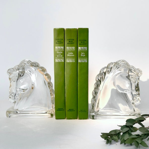 Vintage Glass Horse Head Bookends, Clear Glass Horses, Boho Office Decor