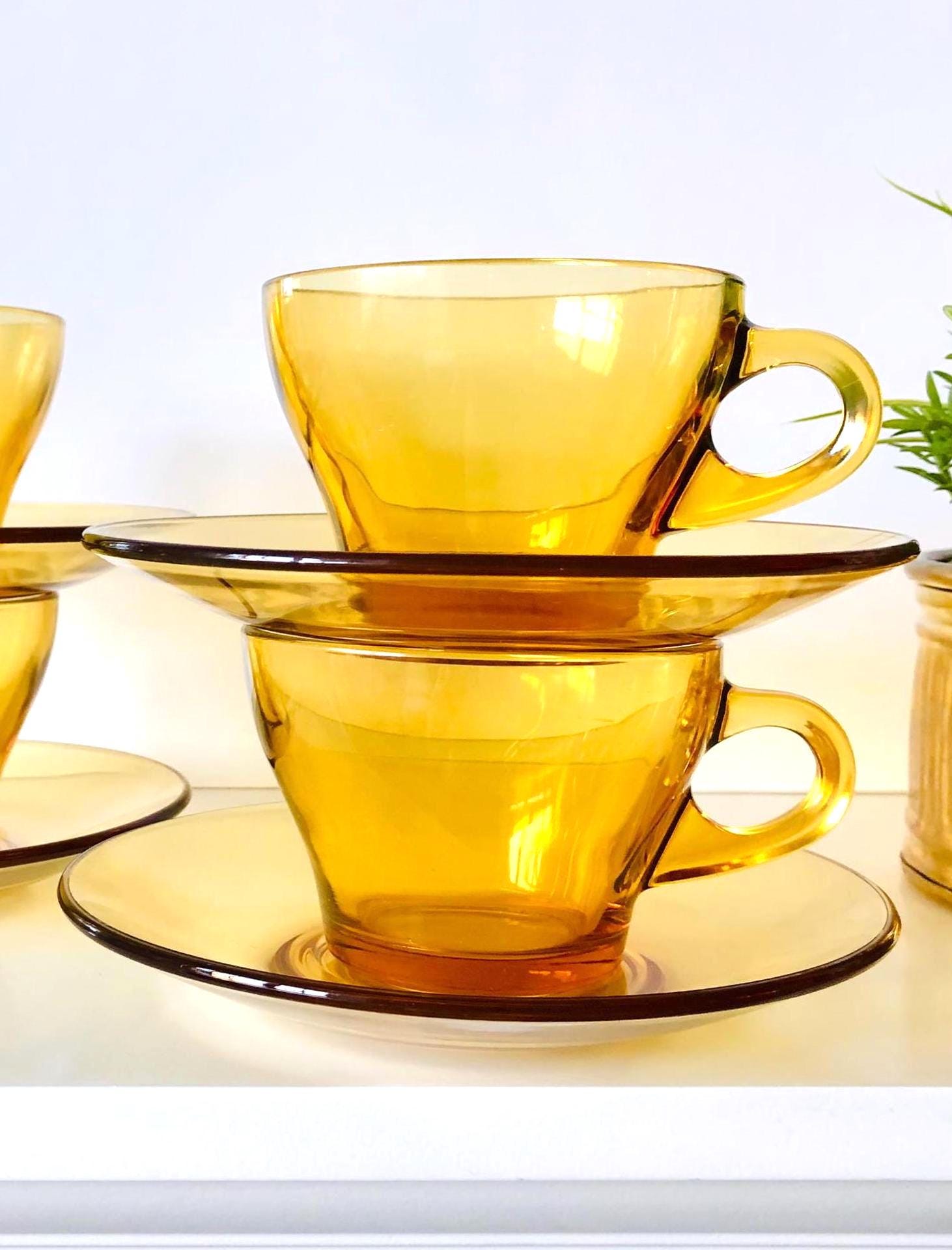 Vintage Amber Glass Cup & Saucer Set: Mid Century Vitrosax Italy