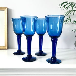 Vintage Montana Blue Wine Glasses, Hand Blown Blue Glass Thick Stem, Retro 90s Set of 4 Claret Wine or Water Goblets, Blue Wedding Glassware