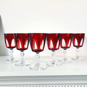 Vintage Ruby Red Crystal Wine Glasses, Cut-to-Clear: France Cristal D'Arques Gothic Barware Gift Set