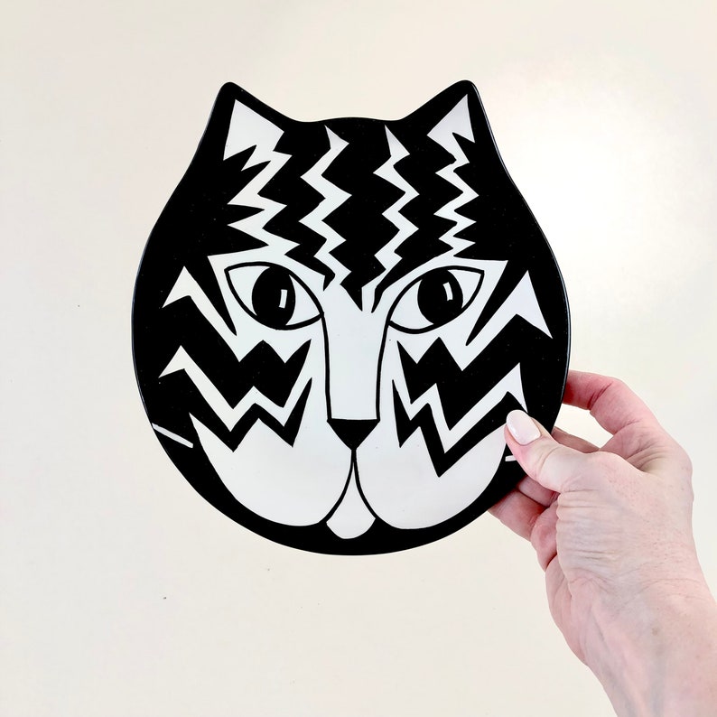 Cat Plate Trinket Dish Halloween Decor Vintage Cat Face Black & White