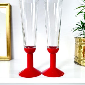 Paar Bodum Oktett Champagnerkelche Gläser Roter Stem JAZZ Danish Karsten Jorgensen Vintage Postmoderne 80er Jahre Retro, Hochzeit Toast Gläser