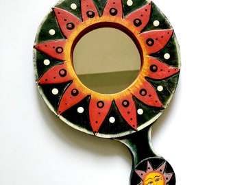 Vintage Celestial Sun Handheld Mirror, Black Orange Yellow Sun, Carved Wood Hand Painted Wooden Vanity Mirror Folk Art, Unique Birthday Gift