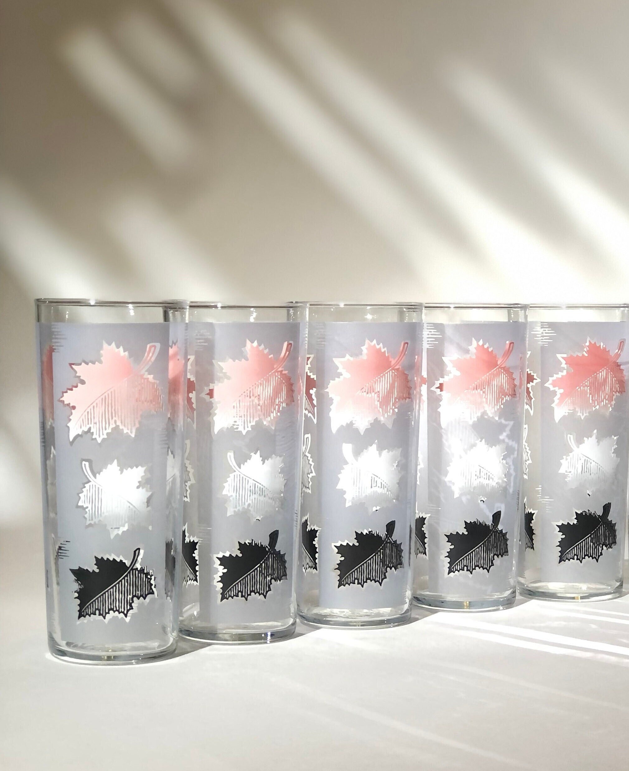 Five MCM Pink Highball Glasses Libbey Set of 5, Pink White Black Leaves, 1950s Mid Century Barware, Pink Hostess Gift Retro Bar Gift Set