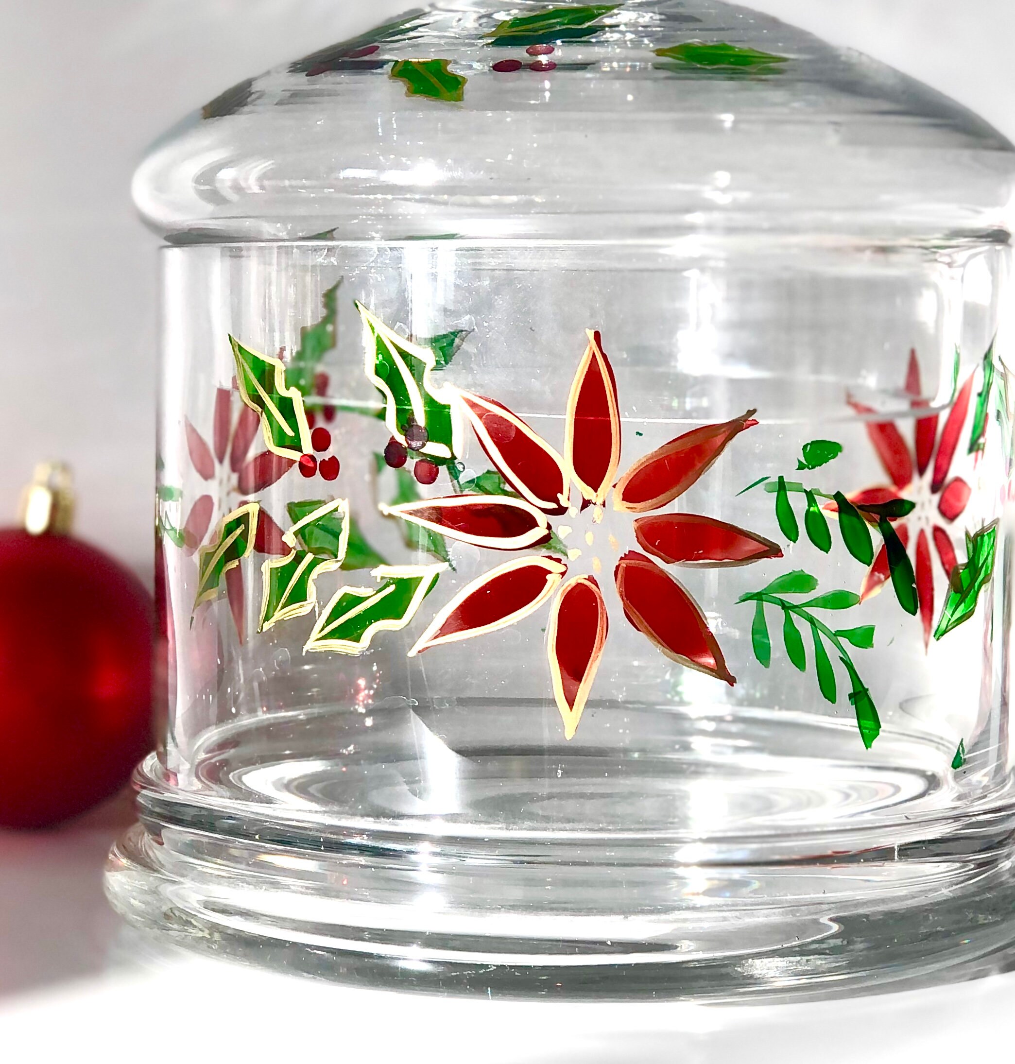 Clear Glass Round Apothecary Jar Cookie Canister Poinsettia Holiday