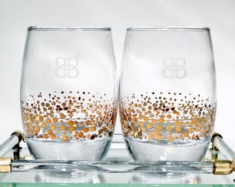 Vintage Bailey’s Low Ball Glasses, Round w Gold Confetti Dots Detail, 8oz Rocks Glass Bar Set, Digestif Cocktails, Regency Luxury Bar Gift
