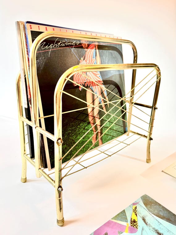 80's ヴィンテージ　マガジンラック　 ポストモダン　アールデコ Vintage 80s Brass Record Rack Hollywood Regency Gold Magazine