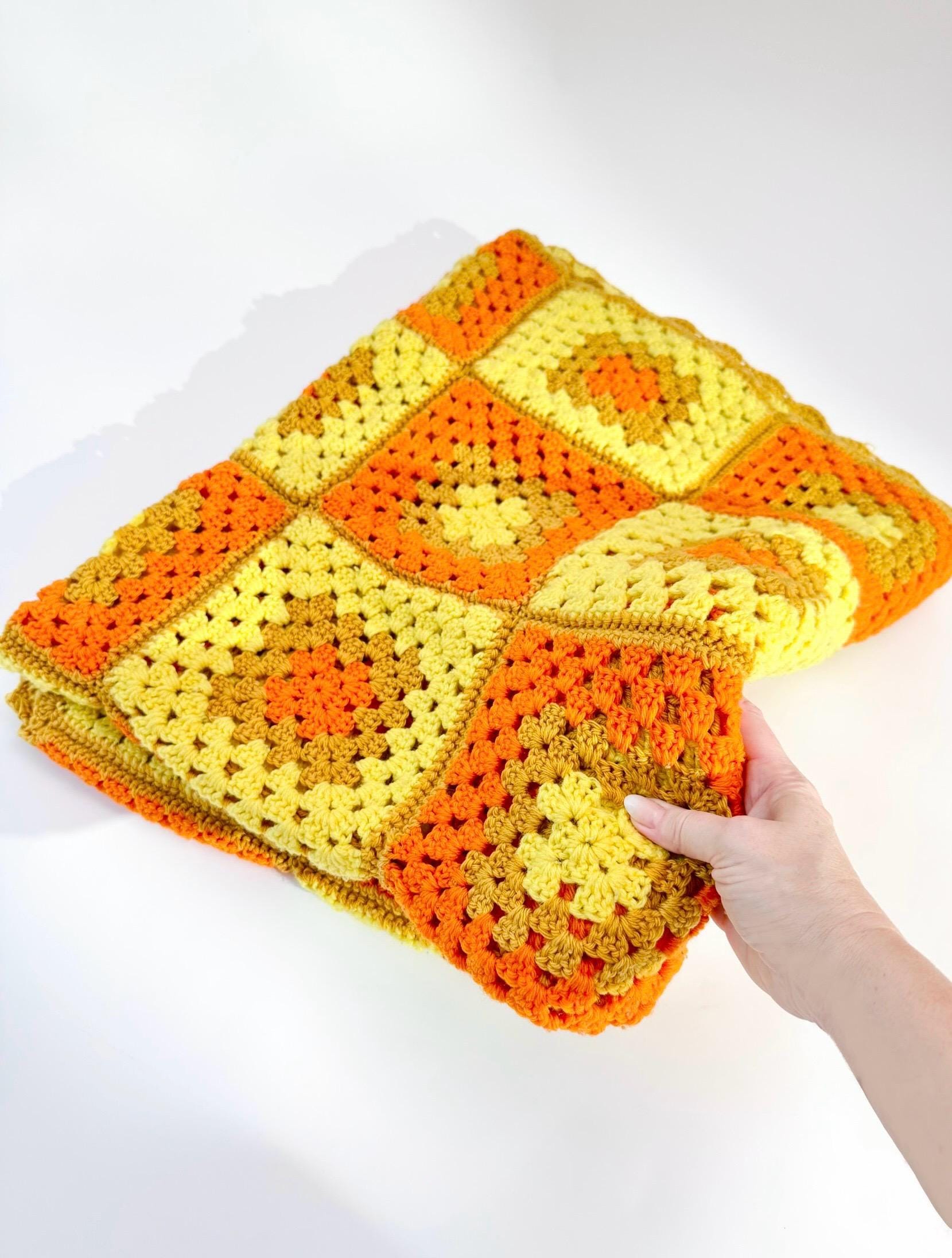 Vintage Crochet Granny Square Afghan: Yellow Orange Retro Throw